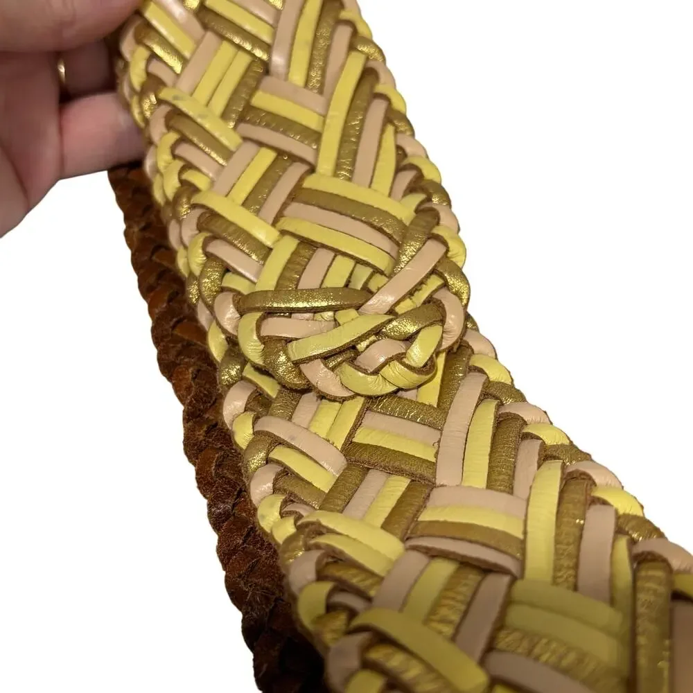 Linea Pella Multistrand braided leather belt wide beige nude yellow gold size L